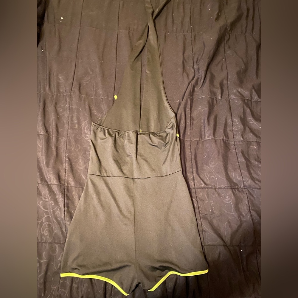 Black and lime green lined halter romper